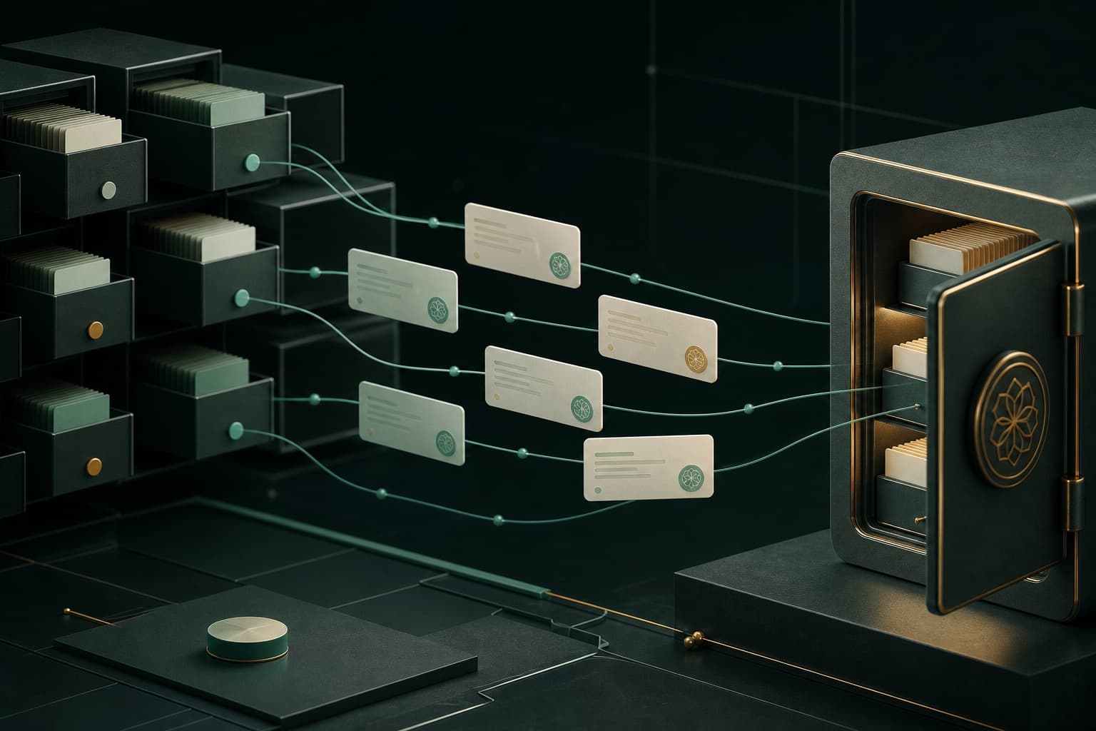 Reusable implementation cards moving from a repository archive into a governed memory vault.