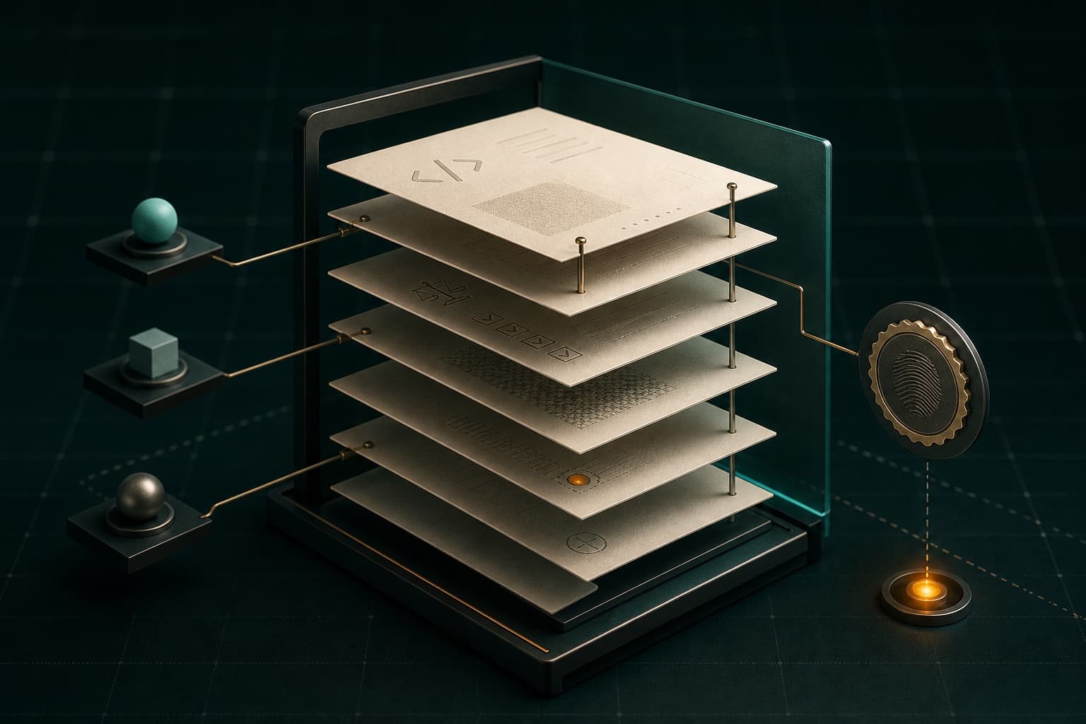 A layered software evidence record connected to source nodes and a tamper-evident seal.